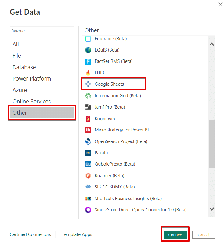 Datola GA4 X Power BI Click other option and select Google sheets
